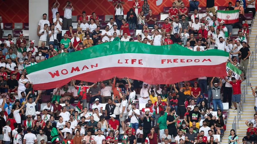 Iranians protesting at the USA vs Iran World Cup 2022 soccer match. 
