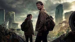 Bella Ramsey and Pedro Pascal pictured as Ellie Williams and Joel Miller with a ruined city in the background.