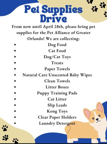 Poster for the Pet Supplies Drive that lists what shelter the supplies are going to, the date that its happening, and a list of supplies that are eligible to donate.