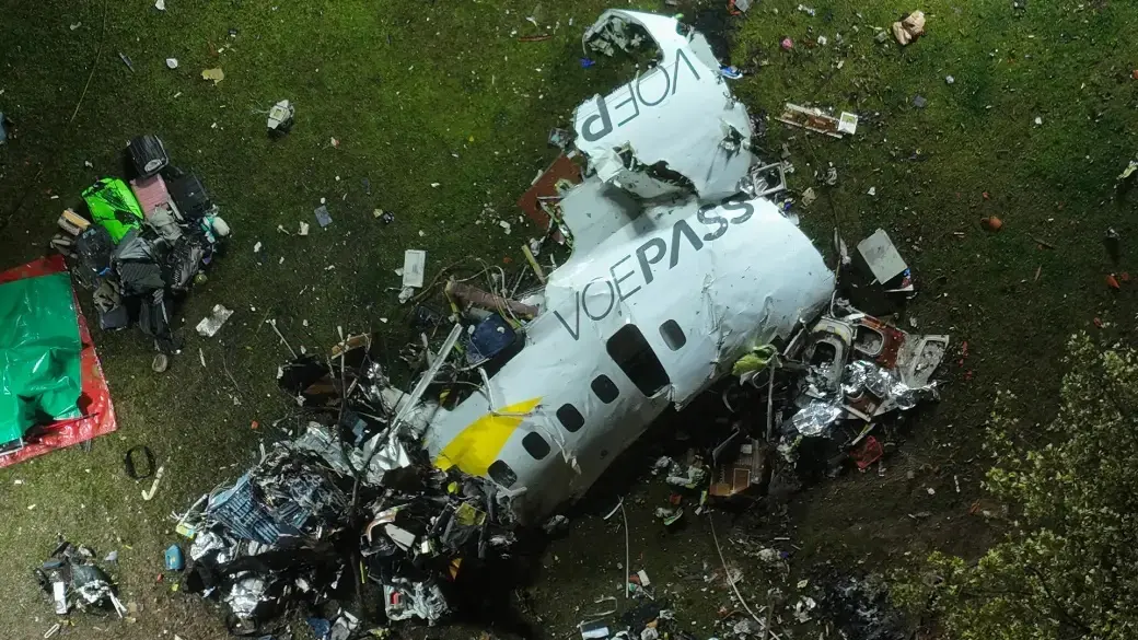 Wreckage at the site of the plane crash in Vinhedo, Brazil.