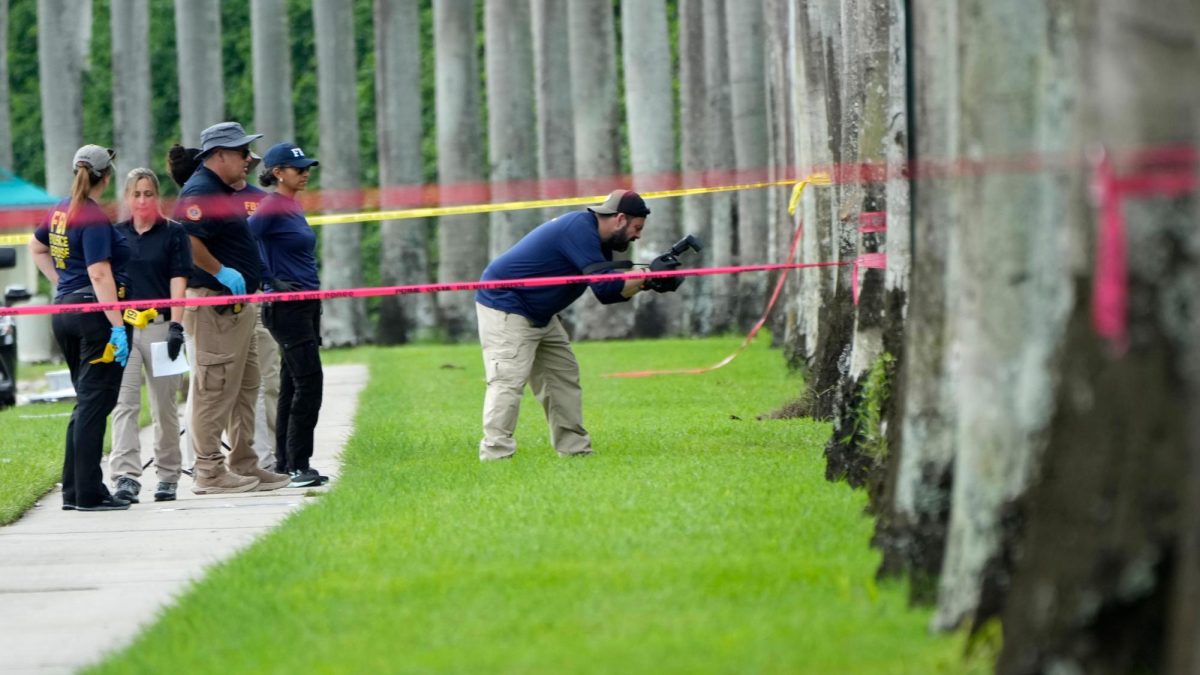 Law enforcement personnel inspect the site where the suspect was initially found.