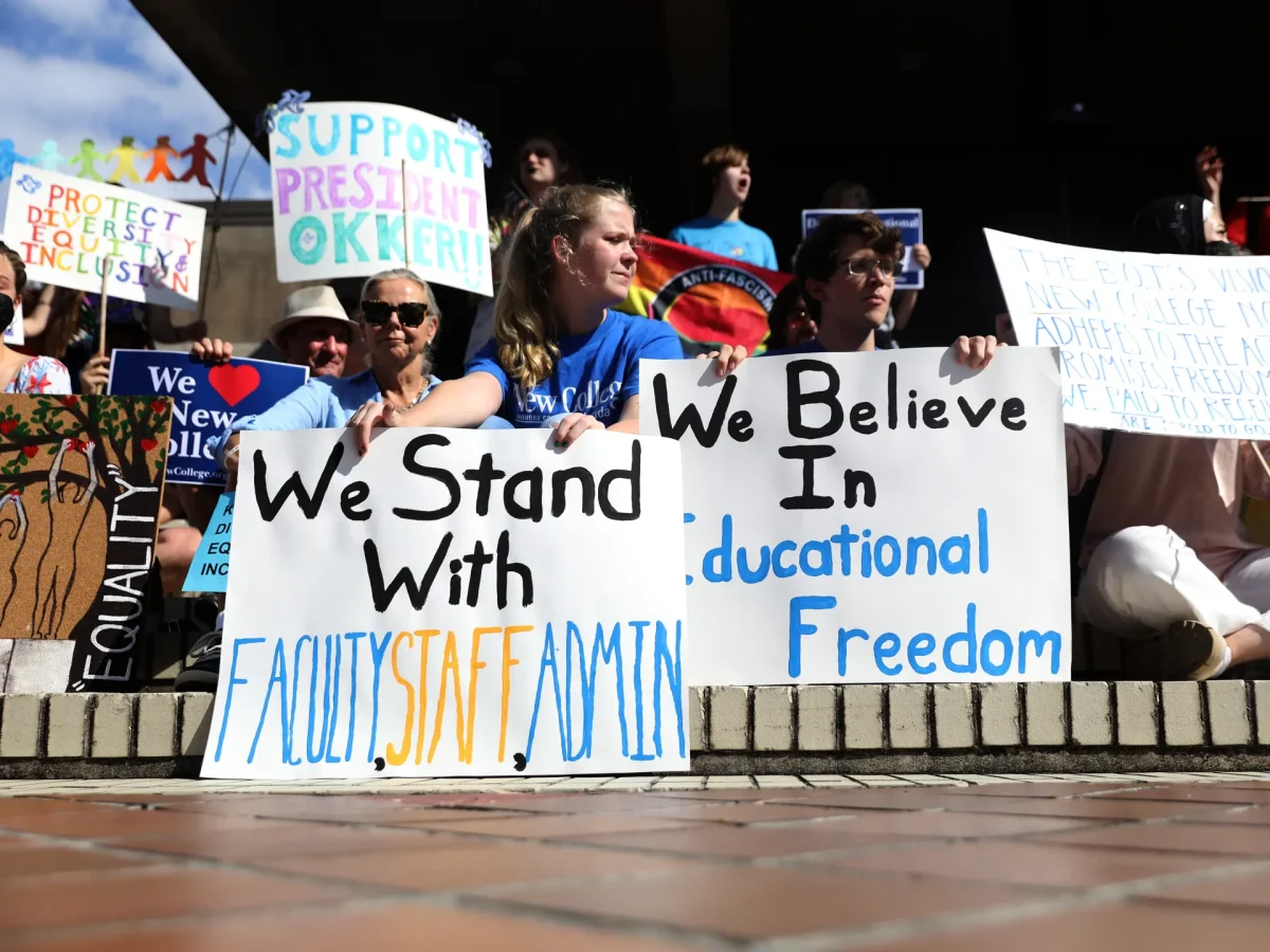 Students in Sarasota pictured protesting DeSantis signing of DEI legislation.