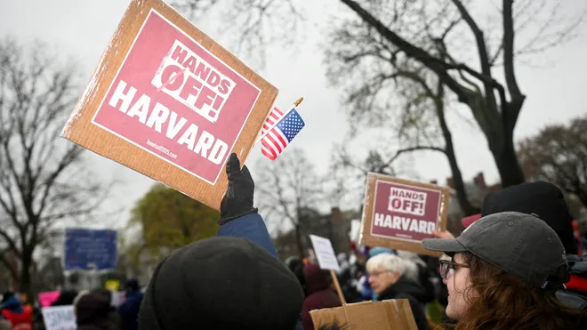 Protestors pictured at the Cambridge, Massachusetts university calling on Harvard leadership.