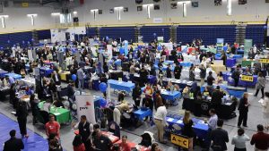 Students gathered in the gymnasium for the fair.