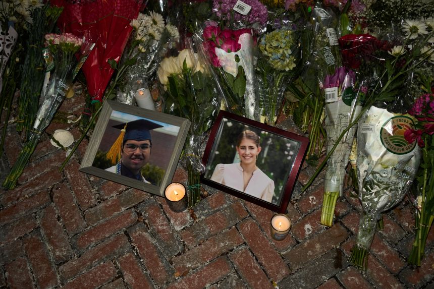 Pictures of MukhammedAziz Umurzokov and Ella Cook at a memorial in Providence, Rhode Island.
