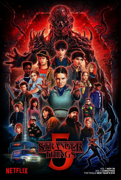 The official poster for the final season of Stranger Things, featuring the main cast facing off against Vecna.
